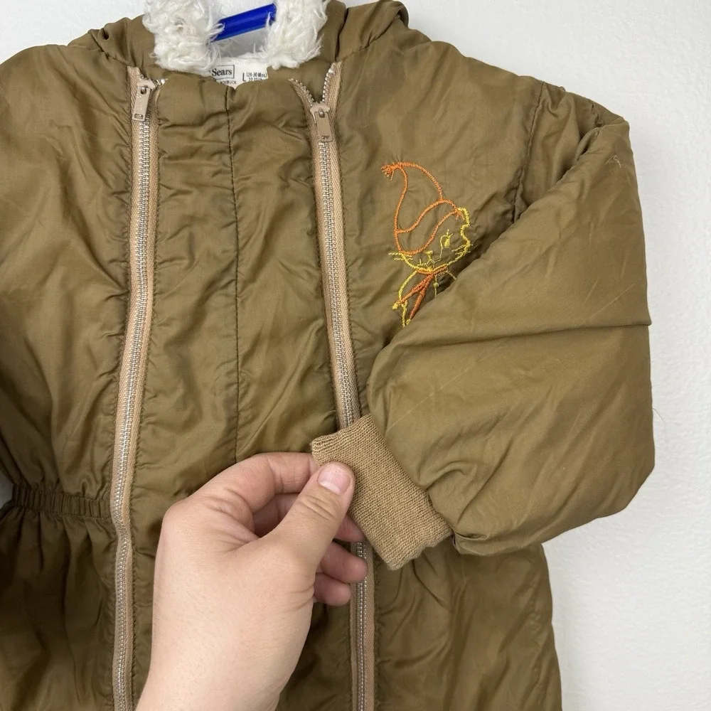 VTG Sears Toddler Snowsuit Brown Cat Embroidery Dual Zipper Faux Fur Hood 24–30M